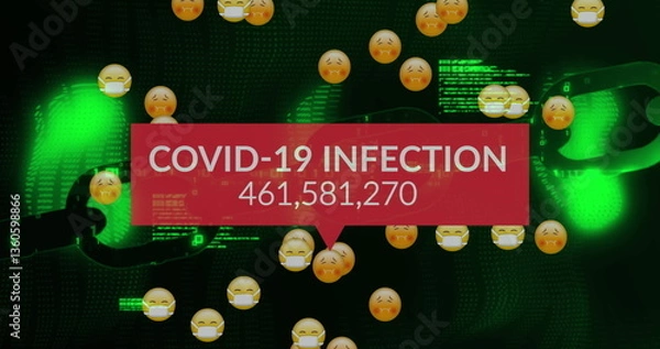 Fototapeta Image of text covid 19 infection and rising numbers on red, over data and emoticons, on black