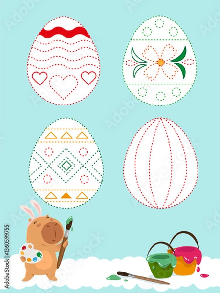 Fototapeta Easter writing practice with cute capybara. Easter eggs drawing. Education developing worksheet. Activity page.