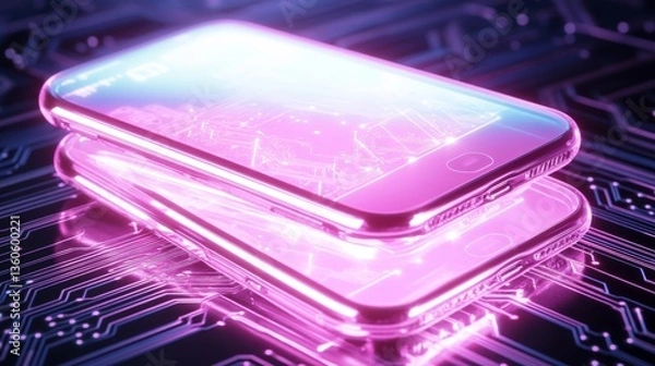 Fototapeta The ambiance of a product launch is captured in an image of a sleek smartphone suspended in a futuristic glow, highlighting its cutting-edge features