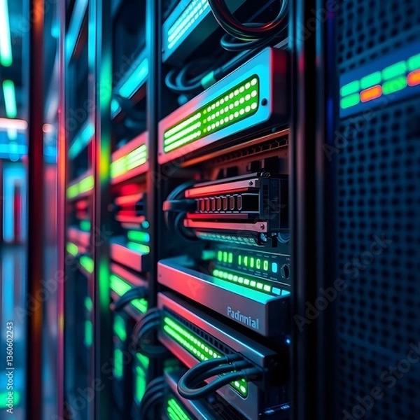 Fototapeta Realistic AI-generated illustration of a close-up server rack in a modern data center, illuminated by blue and neon lights, showcasing cables, cooling vents, and blinking LEDs. No people present.