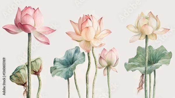 Obraz delicate watercolor painting of lotus flowers with varied blooms and serene botanical details