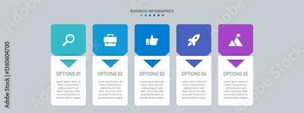 Fototapeta Horizontal progress bar featuring 5 arrow-shaped elements, symbolizing the five stages of business strategy and progression. Clean timeline infographic design template. Vector for presentation