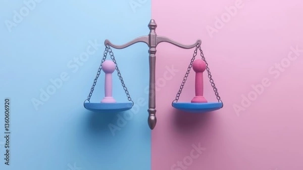 Obraz gender equality represented by scales balancing pink and blue dumbbells on a split background