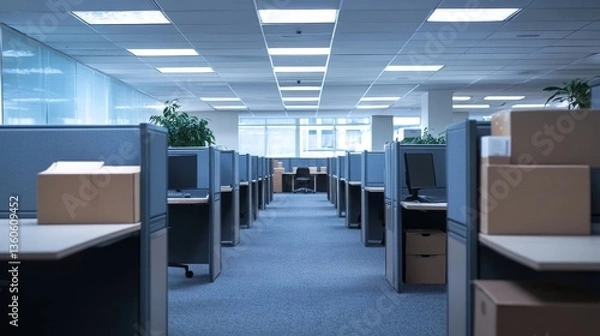 Fototapeta empty office cubicles with cardboard boxes and computers creating a pattern of workplace uniformity