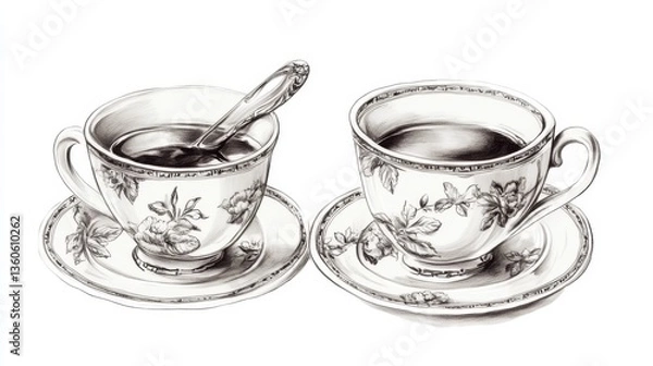 Obraz A charming sketch of two teacups with floral design, one with a spoon, in monochromatic art style