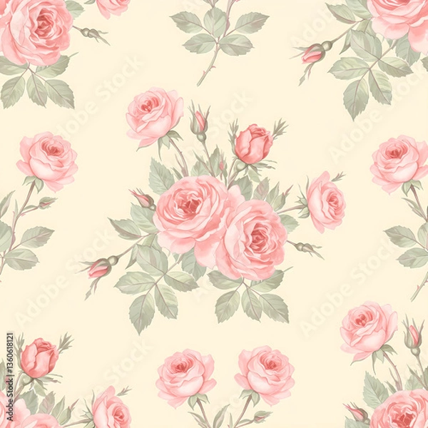 Fototapeta Elegant Seamless Pattern with Watercolor Pink Roses on Cream Background