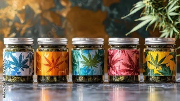 Fototapeta Six glass jars filled with cannabis buds sit in a row showcasing vibrant label designs featu stylized cannabis leaves against colorful backgrounds.