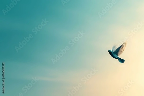 Obraz Silhouette of small bird flying against dreamy turquoise and cream sky background, wings spread in graceful motion, creating peaceful minimalist scene.
