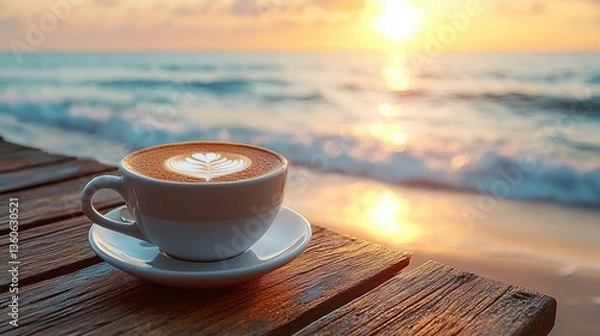 Fototapeta A cup of coffee sitting on top of a wooden table