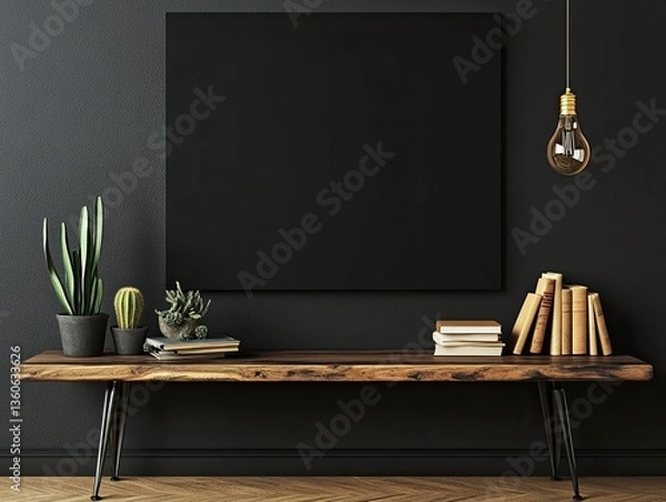 Fototapeta Dark-toned room decor, featuring a blank canvas, plants, books, and a wooden bench