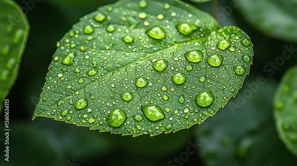 Obraz A green leaf with water droplets on it
