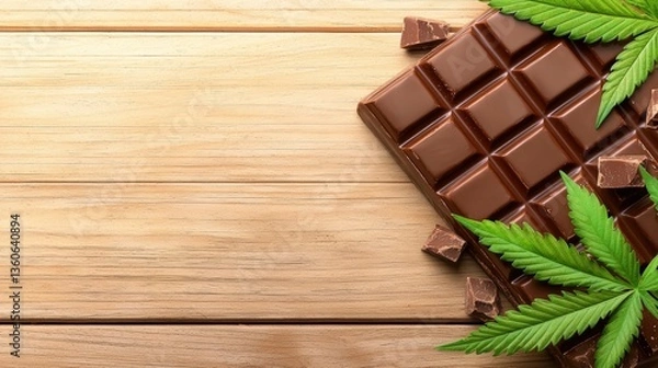 Obraz A delicious milk chocolate bar rests on a rustic wooden surface adorned with fresh green cannabis leaves and broken chocolate pieces.