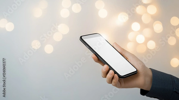 Fototapeta Hand holding smartphone with glowing background lights  