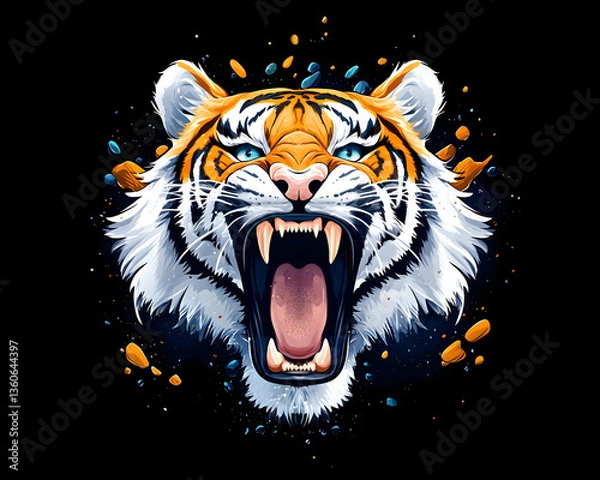 Obraz Roaring Tiger Head, Digital Art, Dark Background, Splashes