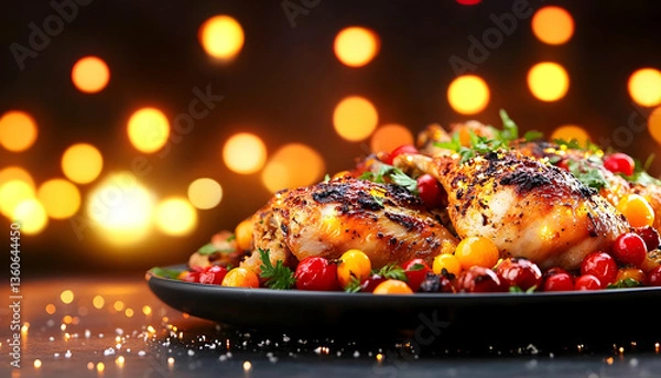 Obraz Roasted chicken dinner, festive lights background