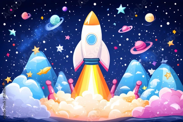 Obraz Rocket launching from whimsical cosmic mountains