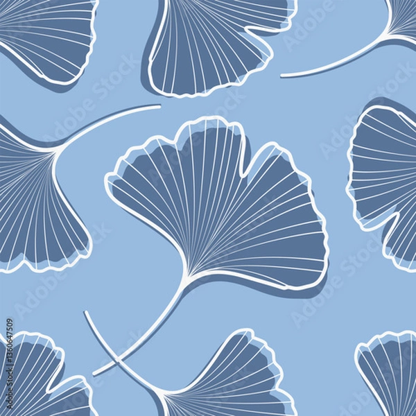 Fototapeta Seamless pattern of ginkgo biloba leaves in soothing blue tones. Floral stylish background. Textile, fabric, wrapping paper design.	