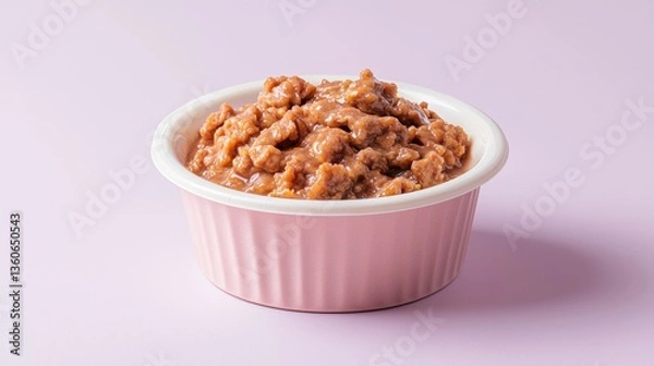 Fototapeta A close-up shot reveals a pink bowl filled with a savory brown meat-based pet food, ideal for a healthy and nutritious meal for your canine companion.