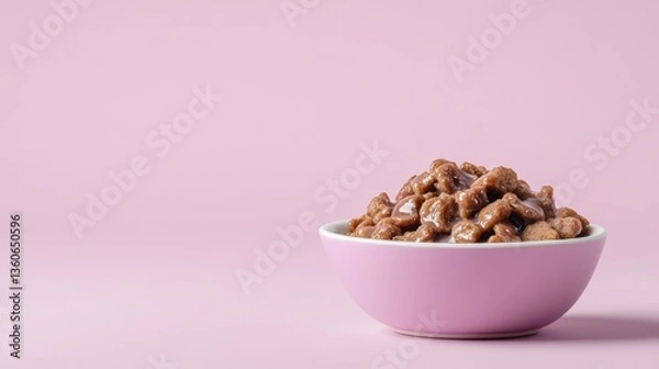 Obraz A pink bowl filled with delicious brown pet food sits against a soft pink background perfect for pet food packaging or blog designs.