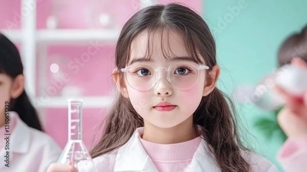 Obraz A young girl scientist wea glasses holds a beaker in a pink and mint green laboratory setting with other children in the background conducting experiments.