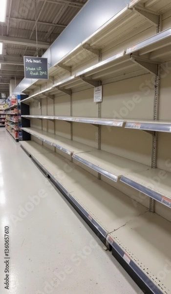 Fototapeta "Spacious Empty Metal Gondola Shelving in Grocery Store with Overhead Lighting for Placement Product"