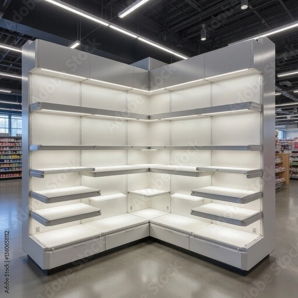 Fototapeta "Bright and Inviting Unoccupied Pharmacy Gondola Shelves with Integrated Downlighting for Placement Product"