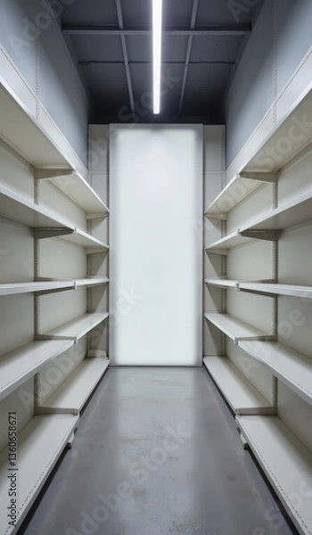 Fototapeta "Illuminated Vacant Pharmacy Shelves with Diffused Light for Placement Product"