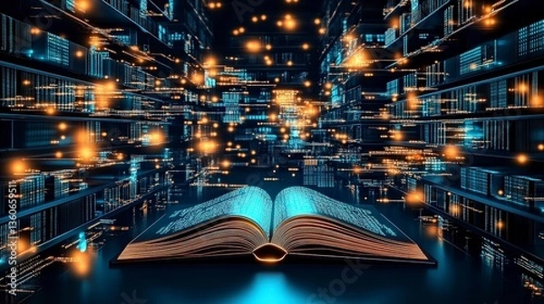 Fototapeta A futuristic library with a glowing book at the center, surrounded by illuminated shelves full of books.