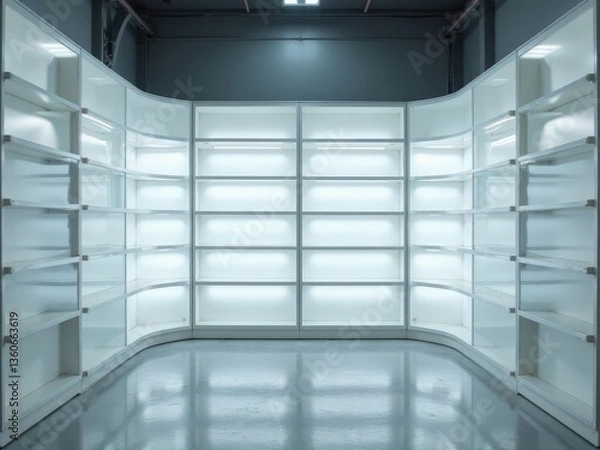 Fototapeta "Illuminated Vacant Pharmacy Shelves with Diffused Light for Product Placement"