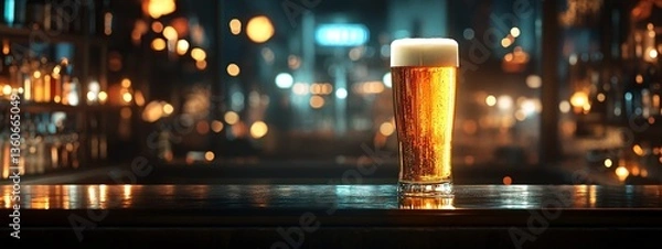 Fototapeta A pint of light beer sits on a bar top in a dimly lit pub. Warm lighting and bokeh create a cozy atmosphere.