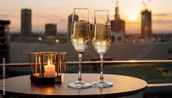 Fototapeta Two champagne glasses rising above a candlelit table in a rooftop bar
