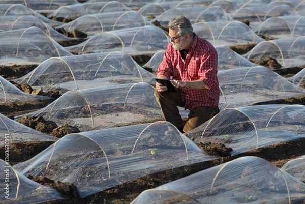 Fototapeta Farmer or agronomist examining watermelon or melon plant under small protective plastic greenhouse using tablet