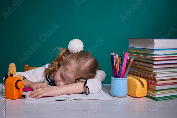 Obraz Young girl in school uniform falls asleep on her notebook at a desk filled with books and pencils, indicating exhaustion or fatigue during study time in a classroom setting.