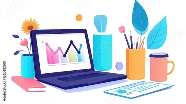 Fototapeta Laptop displaying financial growth chart on desk with stationery and beverage