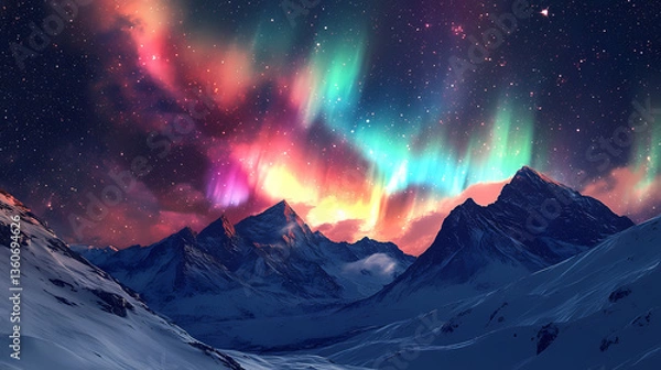 Fototapeta Glittering aurora borealis-like phenomenon unfolding above a snow-covered mountain range, snowy, radiant, mountainous. Celestial Unfolding. Illustration