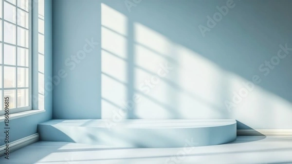 Fototapeta Empty light blue podium in corner room. Sunlight shines through window. Minimalist design. Modern product display area. Modern interior. Blank space for product placement. Presentation platform