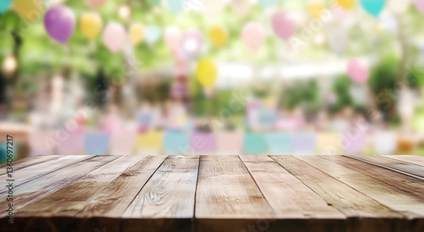 Obraz Empty wooden table for product placement, with a blurred outdoor children's party in the background, decorated with colorful balloons and banners.