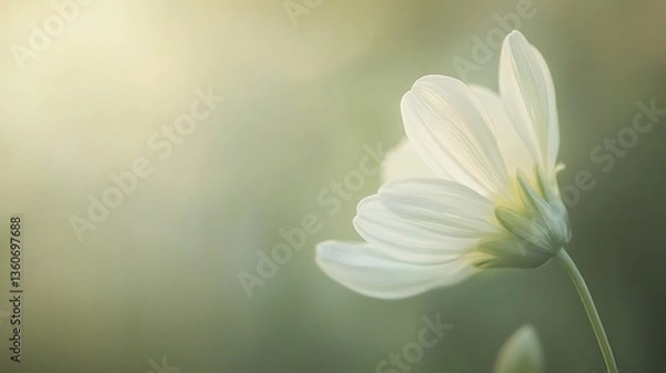 Fototapeta Soft sunlight illuminates a single, delicate white flower with blurred background.