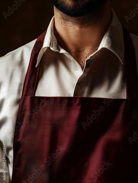 Obraz Empty for text burgundy apron on a male person wearing a white shirt, lifestyle, copy space