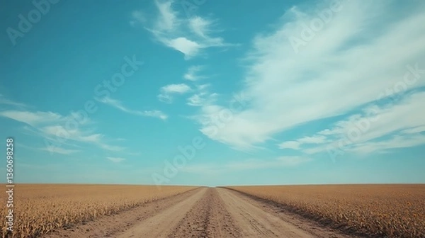 Fototapeta Dirt road vanishing into a vast, golden field under a bright blue sky with fluffy white clouds.