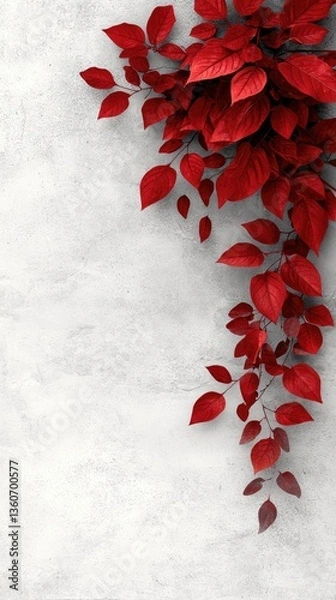Fototapeta Red leaves cascading on light gray textured wall background
