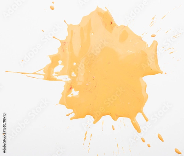 Fototapeta Spilled orange paint spots on paper, colorfull artistic image on white background