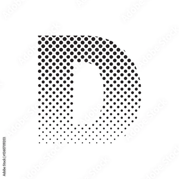 Obraz uppercase letter D in halftone dot pattern, modern black and white typography design with fading effect, concept of graphic design, branding, typography art, digital print