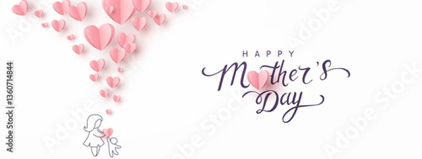 Fototapeta Mother's day postcard with pink paper flying elements on white background. Drawing mum and child. Vector symbols of love in shape of heart for greeting card design