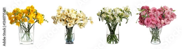 Fototapeta Bouquets of freesia and eustoma beautiful flowers in different glass vases isolated on white, set