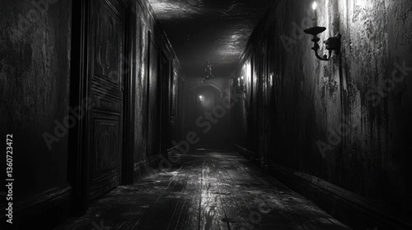 Fototapeta Spooky dimly lit abandoned corridor with flickering candlelight