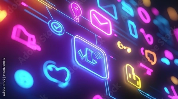 Fototapeta Neon digital network, data flow, communication, background