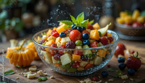 Obraz Advanced food technology meets nature in this image where a rainbow fruit salad is being analyzed by kitchen AI for perfect ripeness and nutritional balance.
