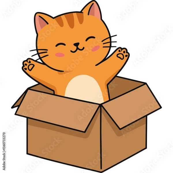 Fototapeta Happy orange cat in cardboard box cartoon illustration vector graphic style. Cute kitten character with paws up in box