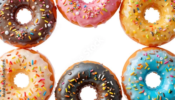 Obraz "Freshly baked glazed donuts with colorful sprinkles arranged in an inviting circle, isolated on transparent background with perfect clipping path - ideal for bakery websites, food apps, and dessert p